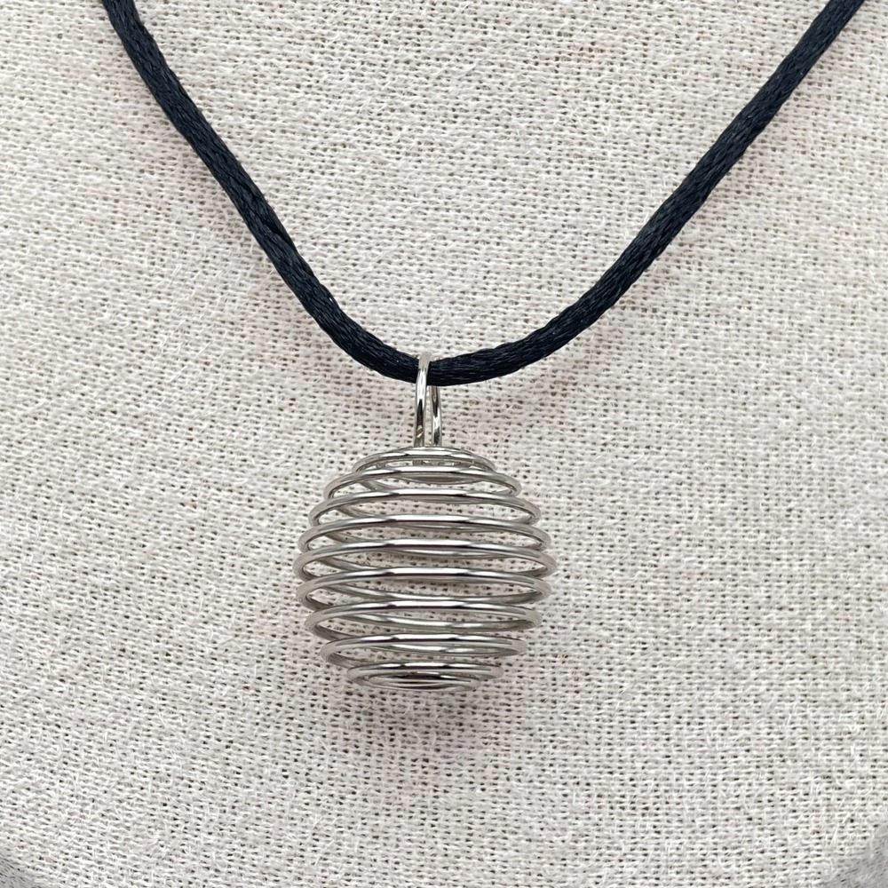 Vintage Y2K Silver-Tone Black Cord Spiral Cage Pendant & Key Chain Set Necklace